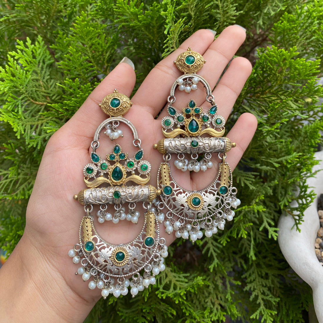 Emerald Royalty Chandbali – Filigree Silver & Gold with Pearl Tassels