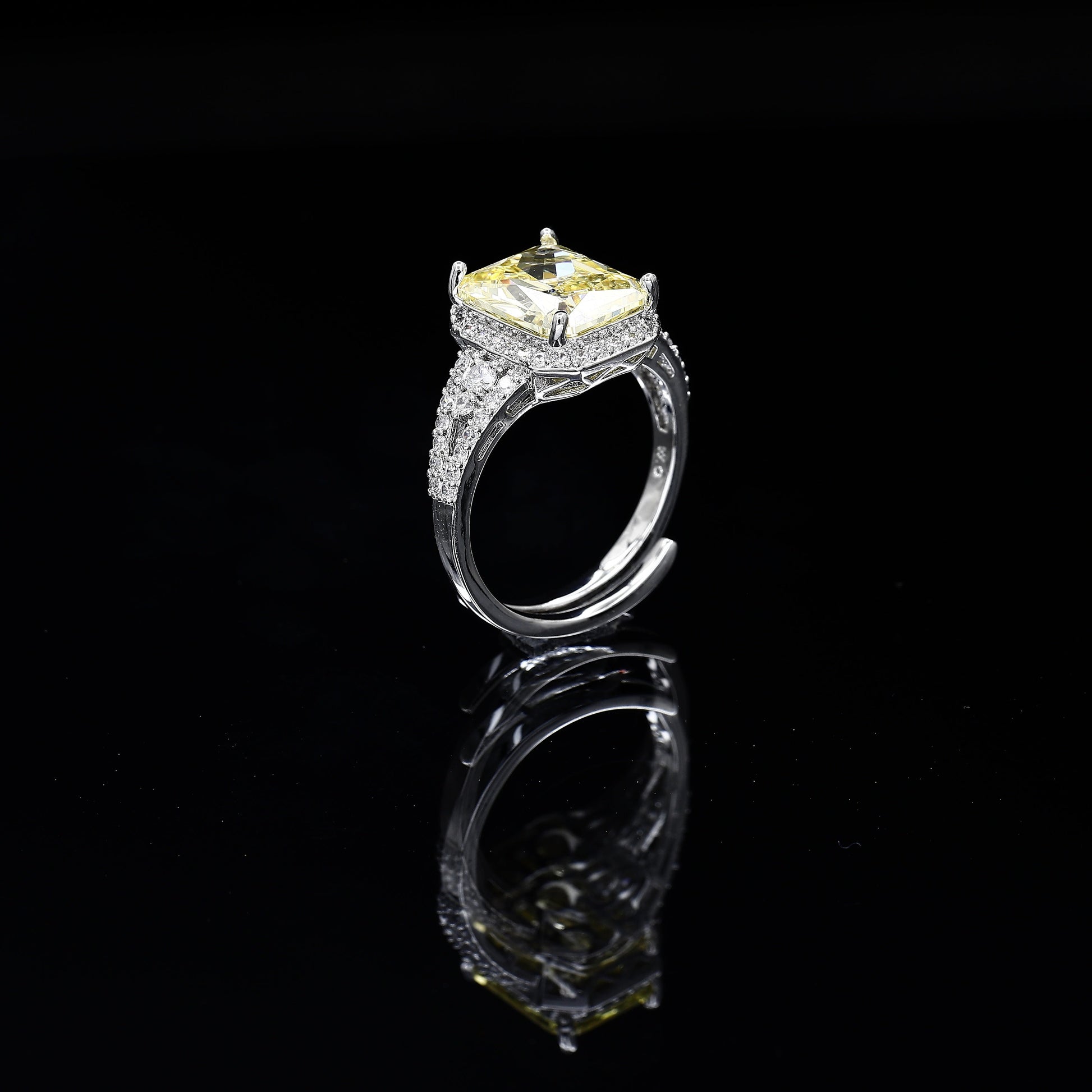 Emerald Cut Diamond Freesize Silvertone Ring – A Radiant Blend of Modern Sophistication and Timeless Charm