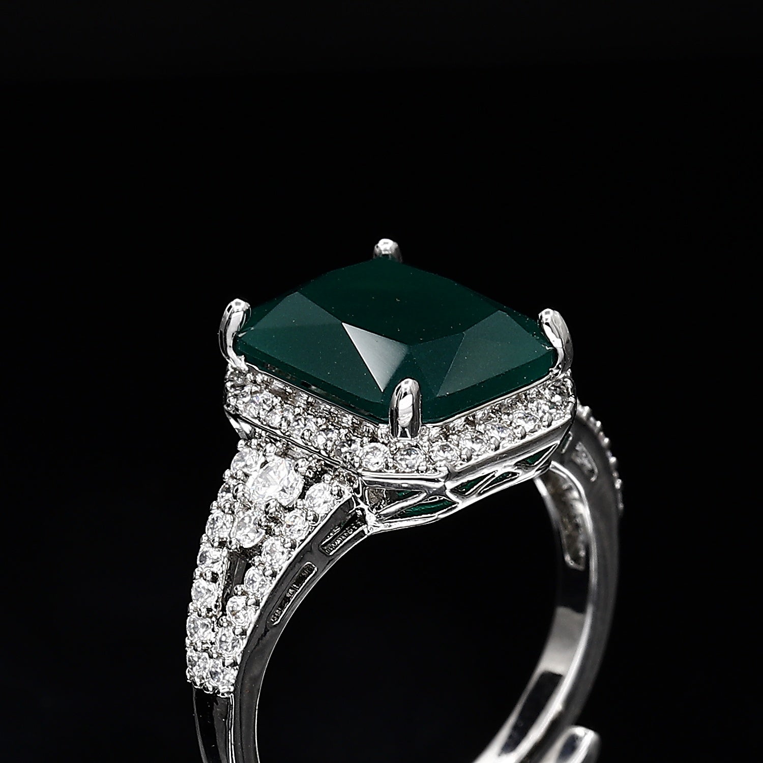 Emerald Cut Diamond Freesize Silvertone Ring – A Radiant Blend of Modern Sophistication and Timeless Charm