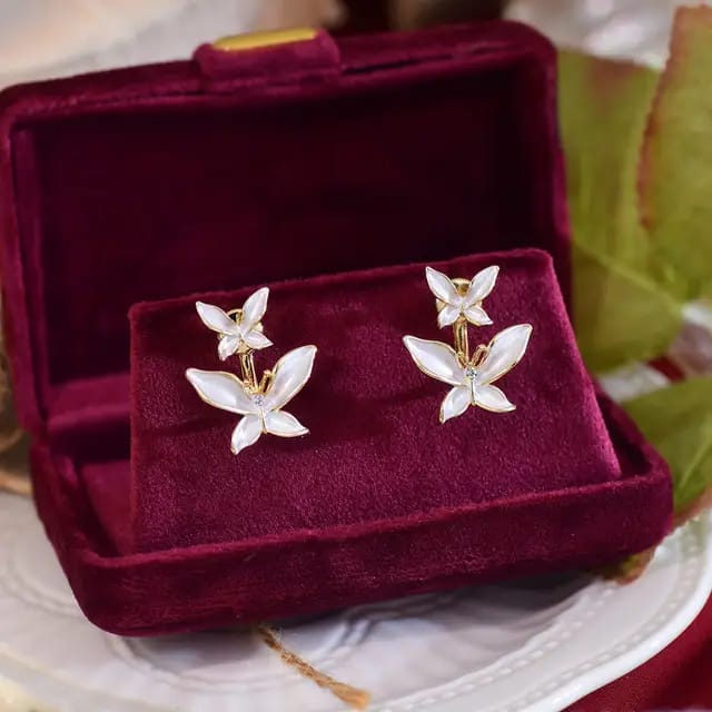 Floral Blossom Enamel Earrings – Elegant White Petal & Gold Jewelry for Women