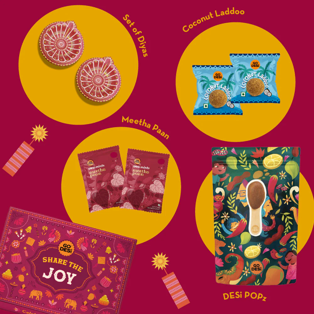 GO DESi Diwali Gift Box | Diwali Diya Set, Coconut Laddu, DESi POPz: Tangy Imli, Real Aam, Kaccha Aam, Meetha Paan | 12 Items
