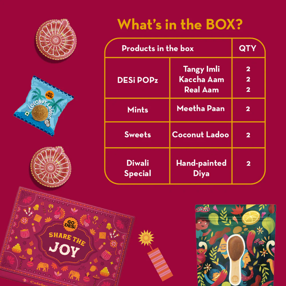 GO DESi Diwali Gift Box | Diwali Diya Set, Coconut Laddu, DESi POPz: Tangy Imli, Real Aam, Kaccha Aam, Meetha Paan | 12 Items