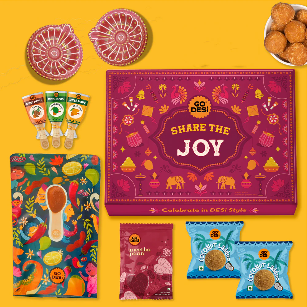 GO DESi Diwali Gift Box | Diwali Diya Set, Coconut Laddu, DESi POPz: Tangy Imli, Real Aam, Kaccha Aam, Meetha Paan | 12 Items