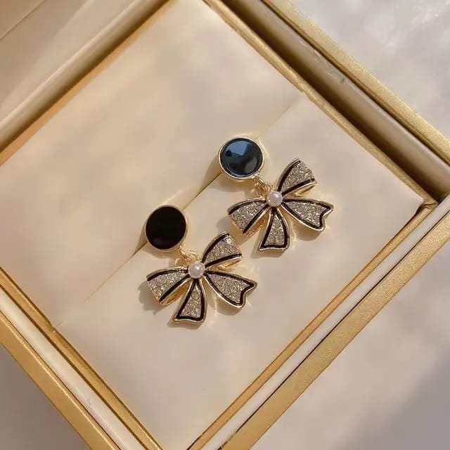 Golden Bow Earrings with Black Stud Top – Sparkle & Grace