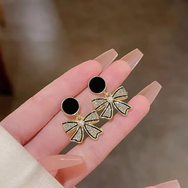 Golden Bow Earrings with Black Stud Top – Sparkle & Grace