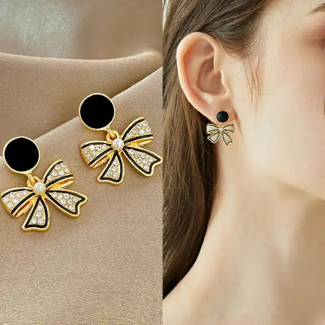 Golden Bow Earrings with Black Stud Top – Sparkle & Grace