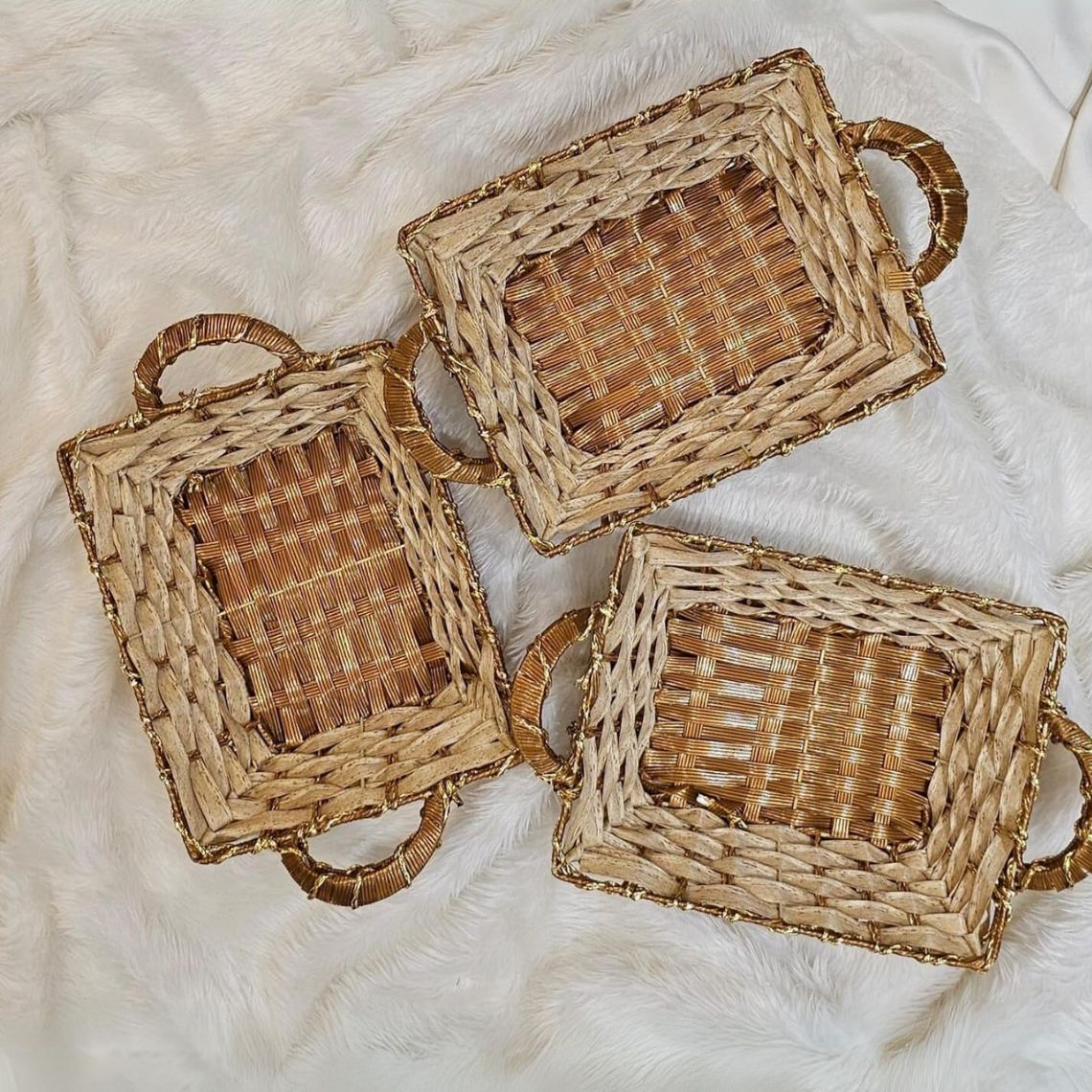 Golden Colour Rectangle Multipurpose Plastic Cane Look Basket – Elegant Gift Hamper & Decor Solution