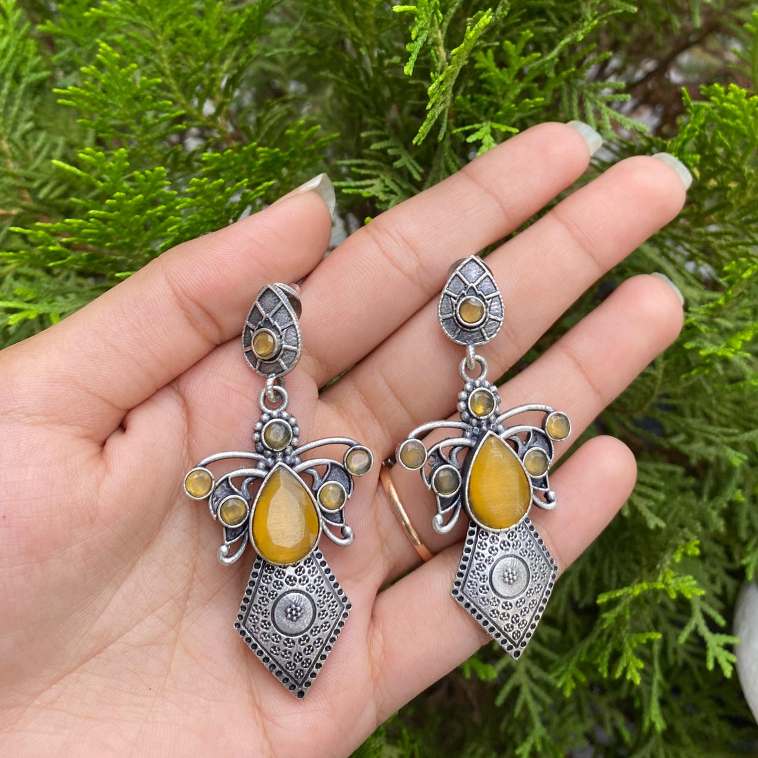Golden Monarch Vintage Drop Earrings – A Regal Dance of Silver & Amber Glow