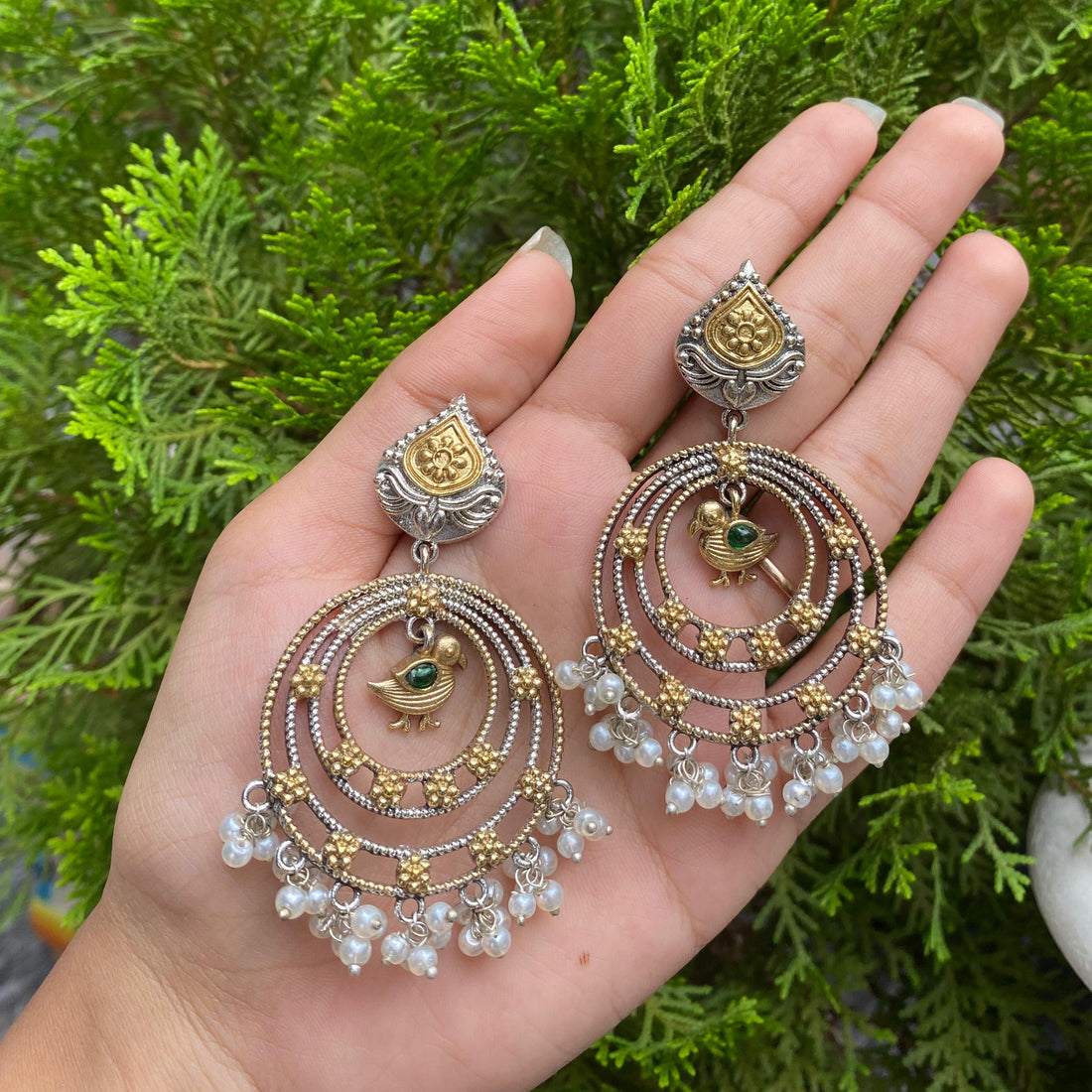 Golden Songbird Hoops – Silver & Gold with Pearl Droplets