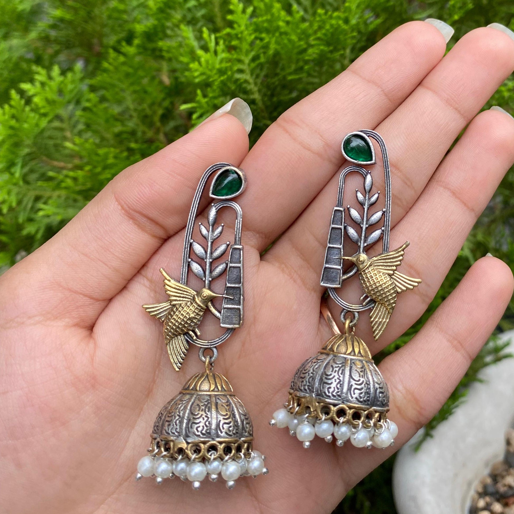 Golden Sparrow Vine Jhumkas – A Whimsical Blend of Nature and Elegance