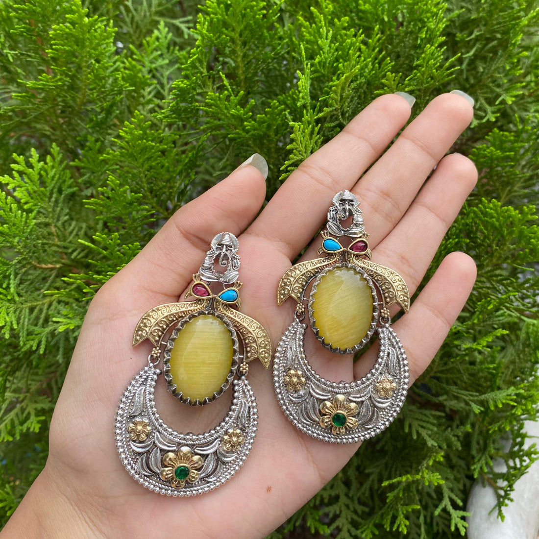 Golden Sunrise Crescent Earrings – A Harmony of Silver, Gold & Gemstone Glow