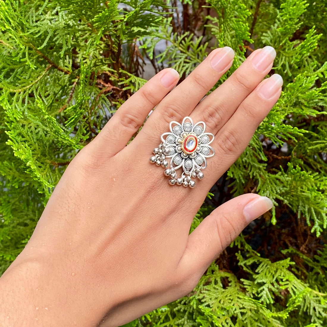 Gulbahar Oxidized Flower Ring – A Vintage Bloom of Timeless Elegance