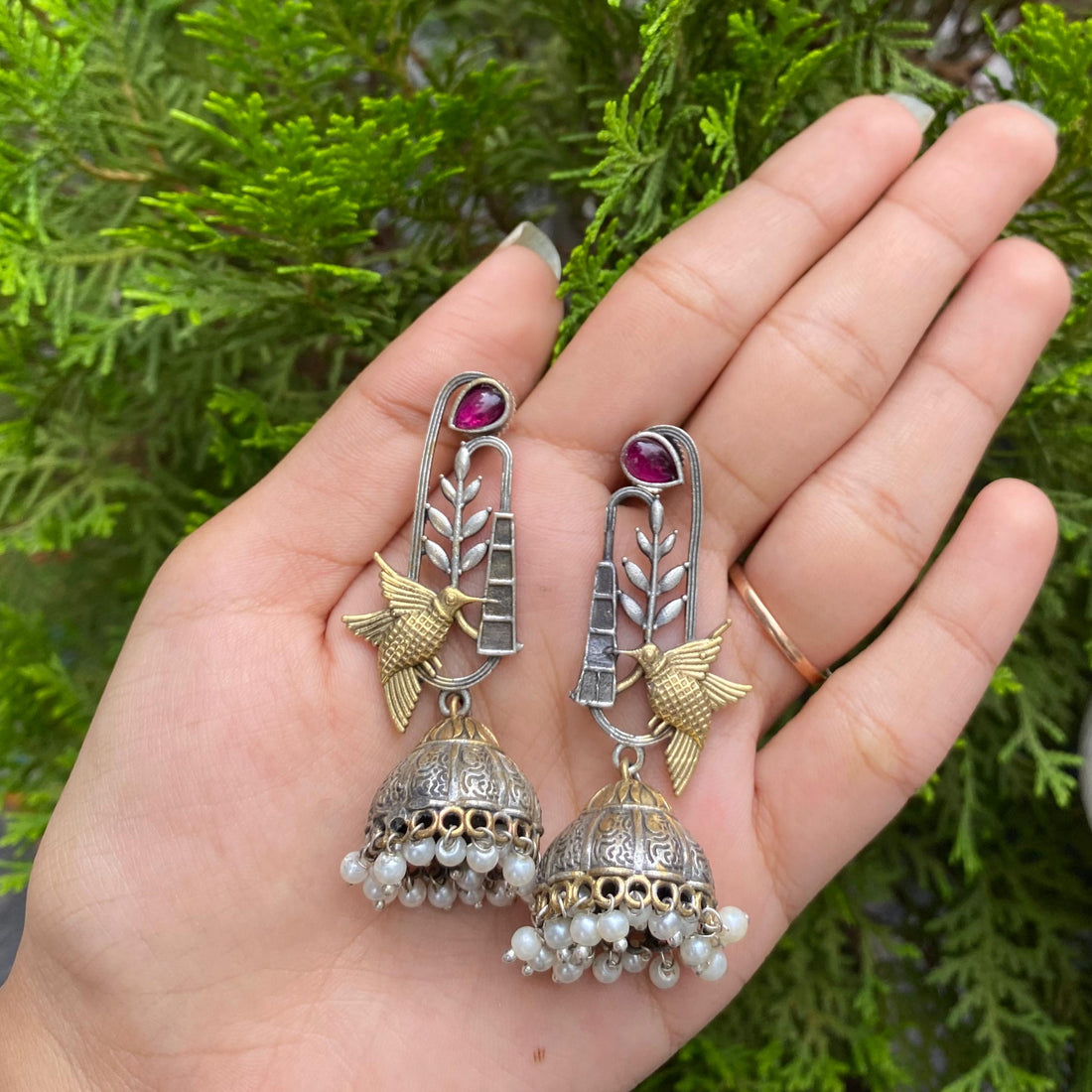 Hummingbird Ruby Jhumka Drops – A Dance of Joy and Radiance