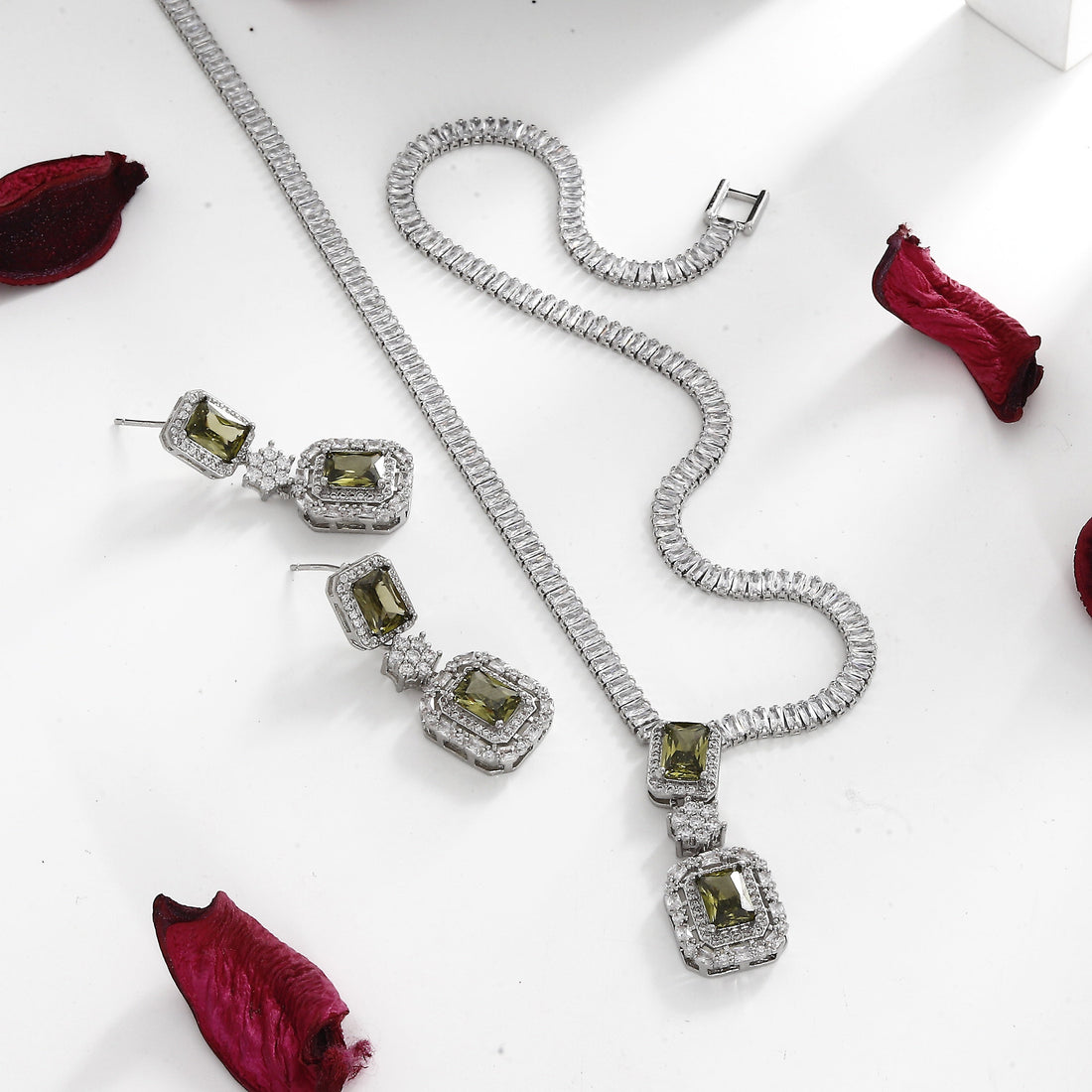 Imported American Diamond Necklace with Green Colors – A Fusion of Radiance and Elegance
