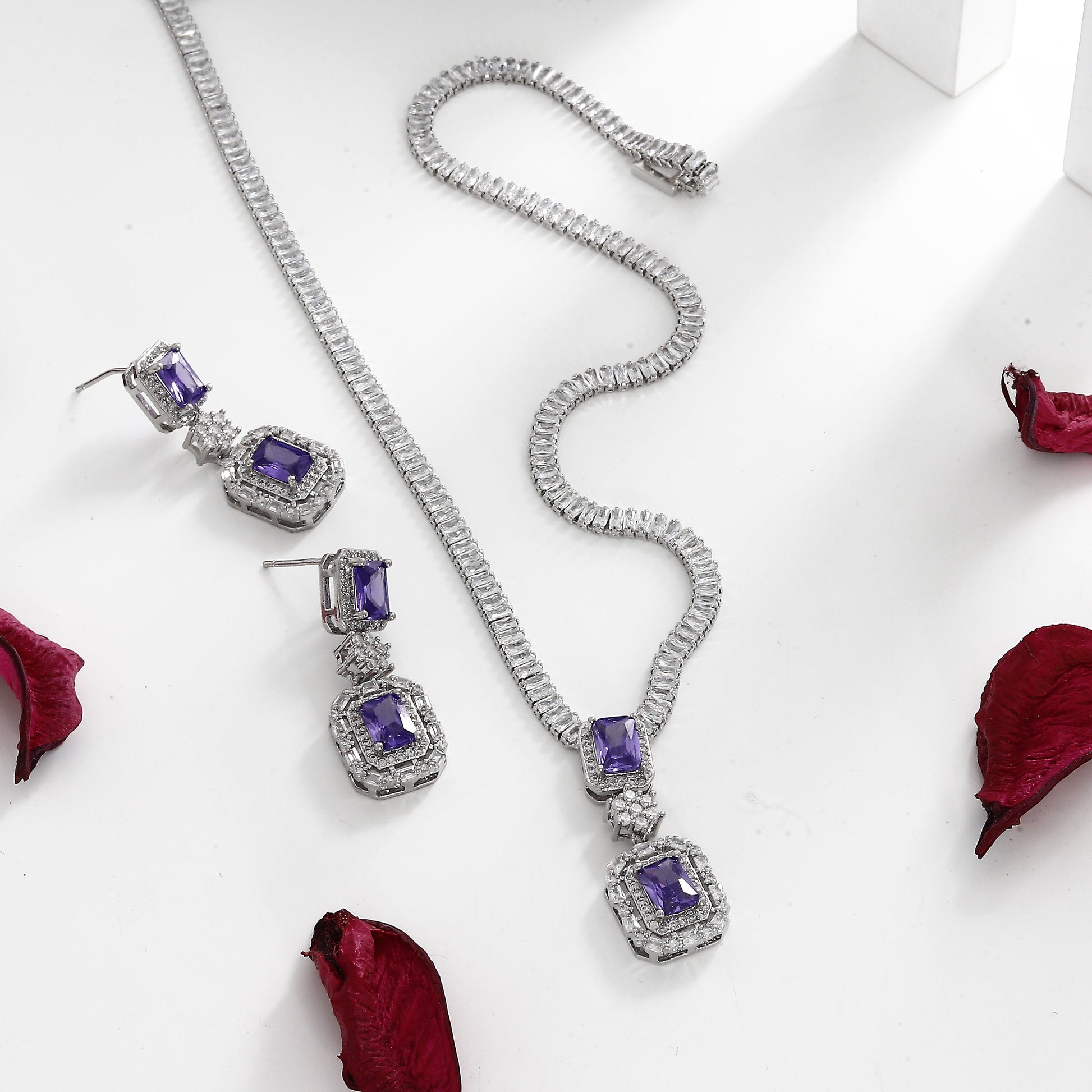 Imported American Diamond Necklace with Purple Colors – A Majestic Blend of Glamour and Grace