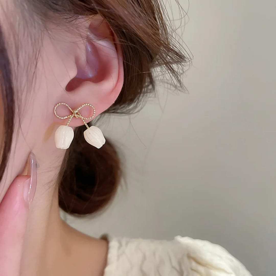 Ivory Tulip Drop Earrings with Gold Bow Design – Minimal Chic