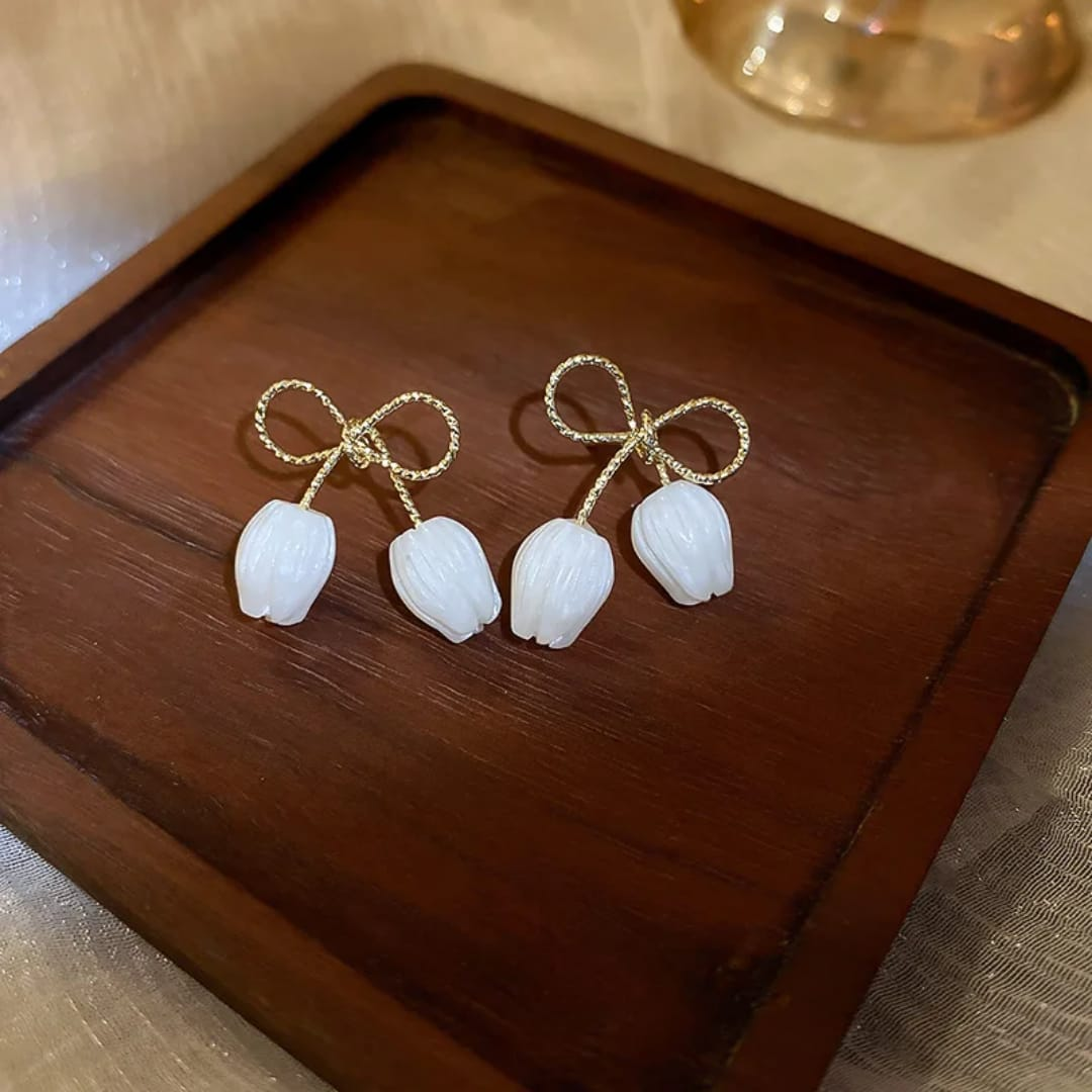 Ivory Tulip Drop Earrings with Gold Bow Design – Minimal Chic