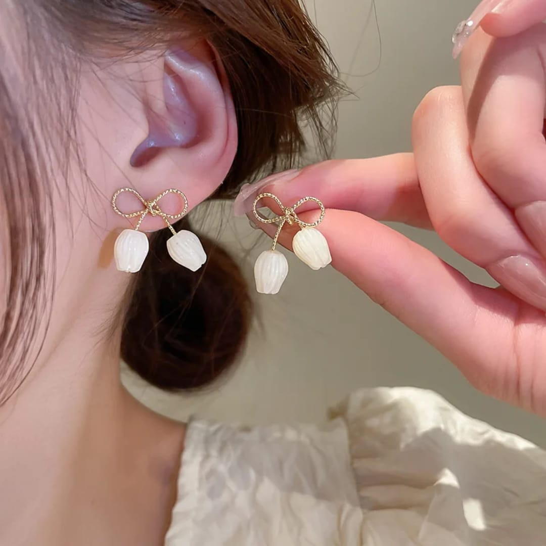 Ivory Tulip Drop Earrings with Gold Bow Design – Minimal Chic
