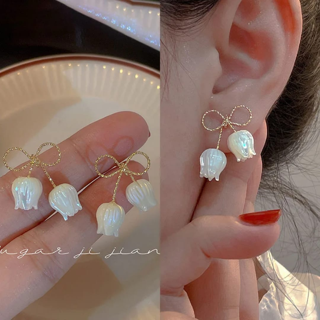 Ivory Tulip Drop Earrings with Gold Bow Design – Minimal Chic
