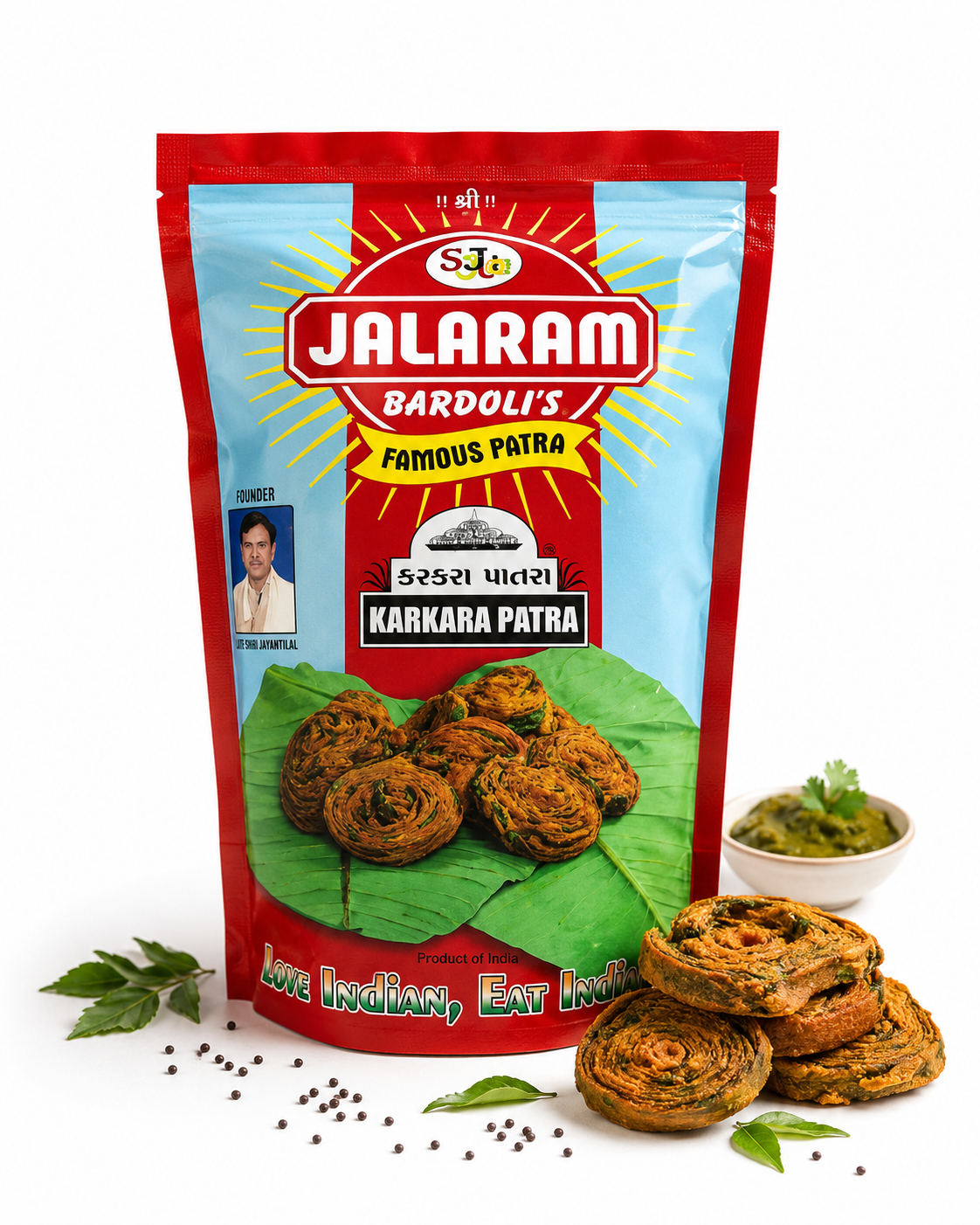 Jalaran Bardoli's Karkara Patra packaging with snacks on a white background