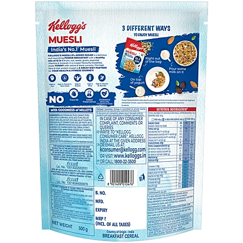Kellogg’s 0% Added Sugar Muesli – 12 in 1 Power Breakfast for Pure, Balanced Living (500g)