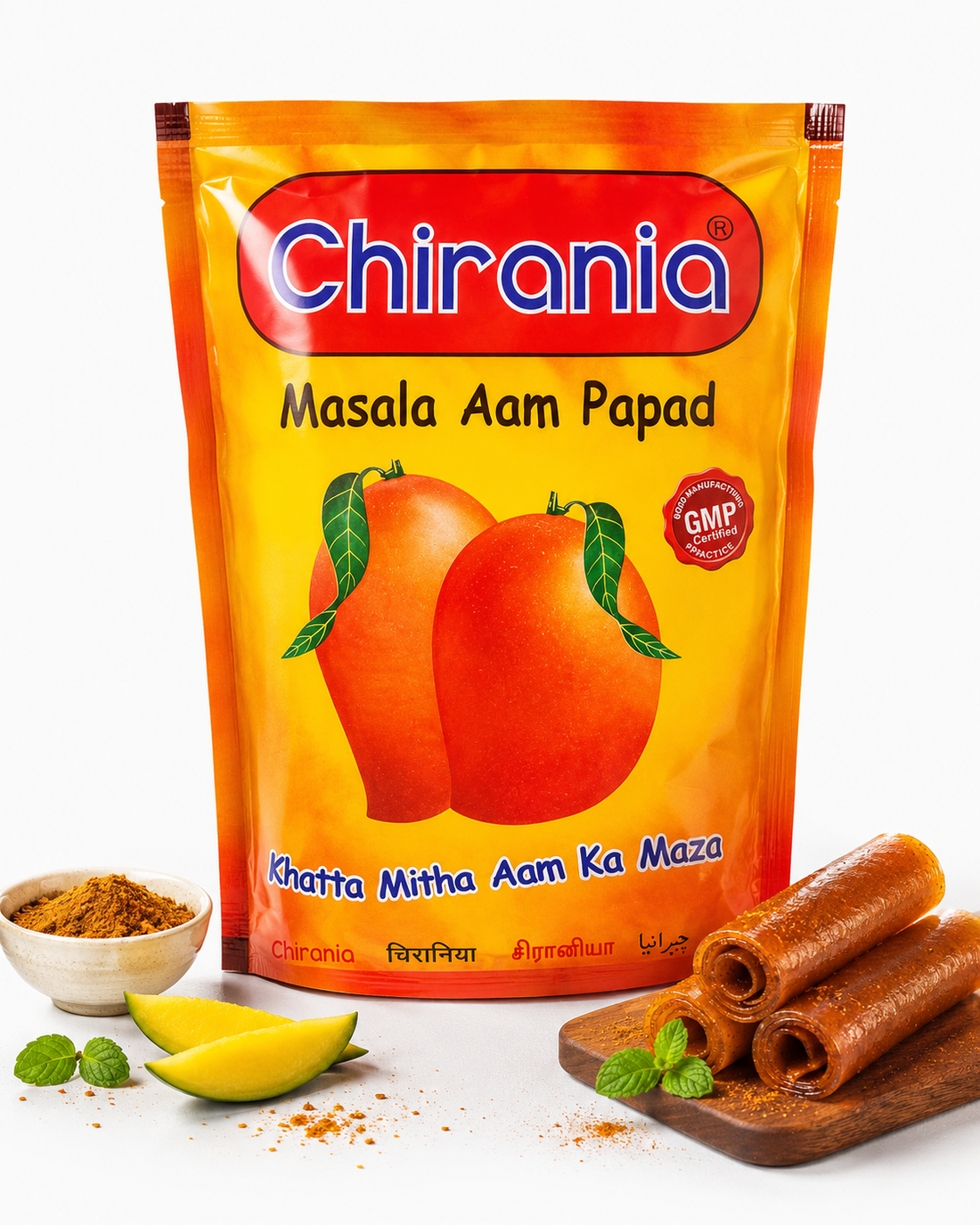 Chirania Masala Aam Papad packaging with peaches, papads, and spices on a white background