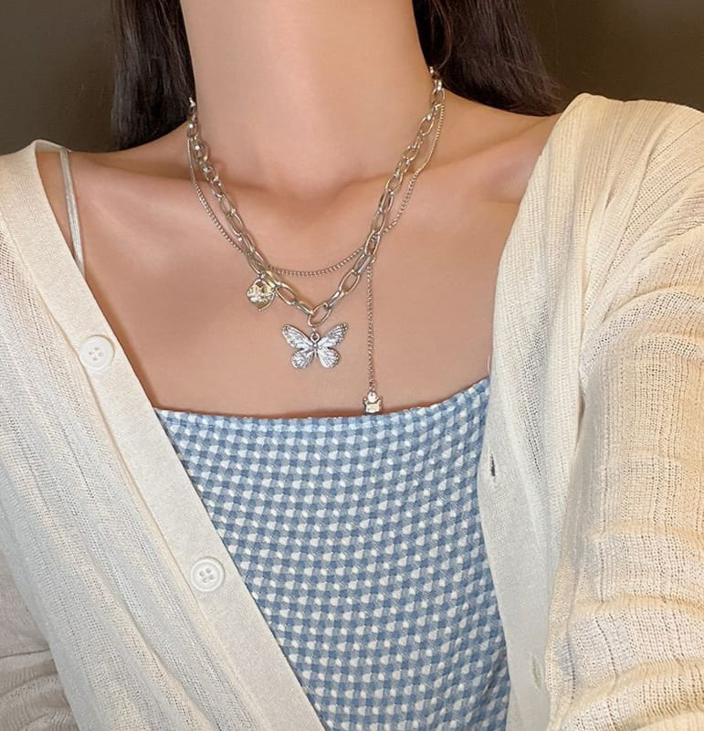 Layered Butterfly & Heart Charm Necklace – Where Love Meets Lightness