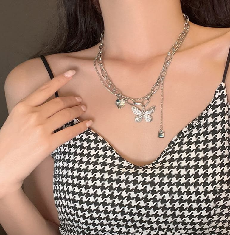 Layered Butterfly & Heart Charm Necklace – Where Love Meets Lightness