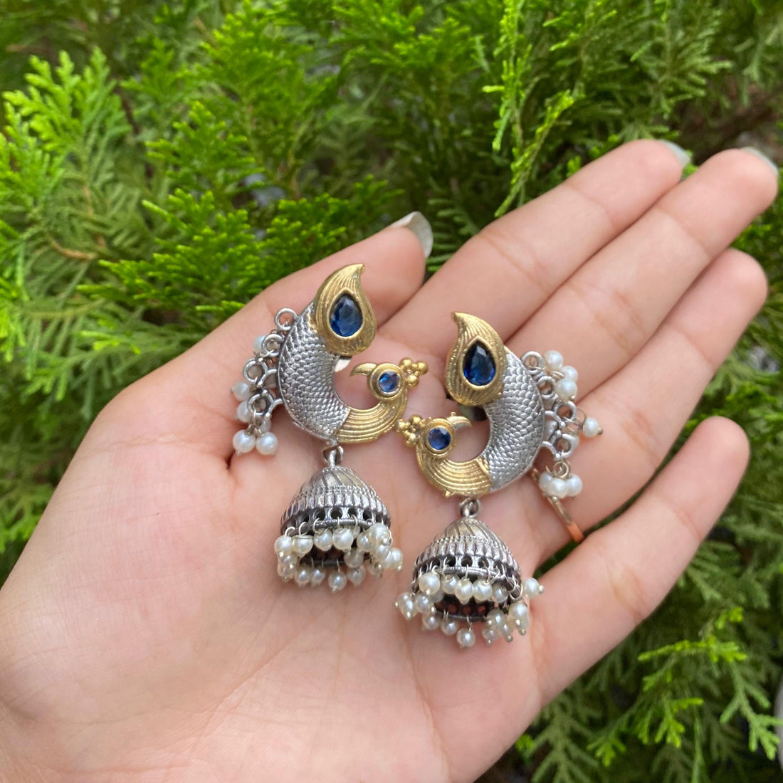Majestic Peacock Pearl Jhumkas – A Dance of Sapphire Blue & Golden Grace