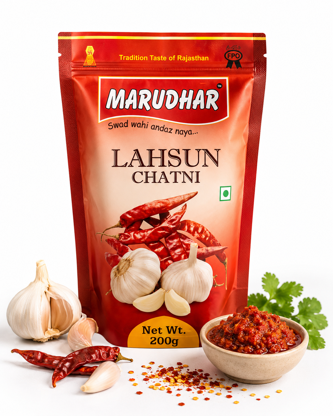 Marudhar Lahsun Chatni packaging with ingredients on a white background