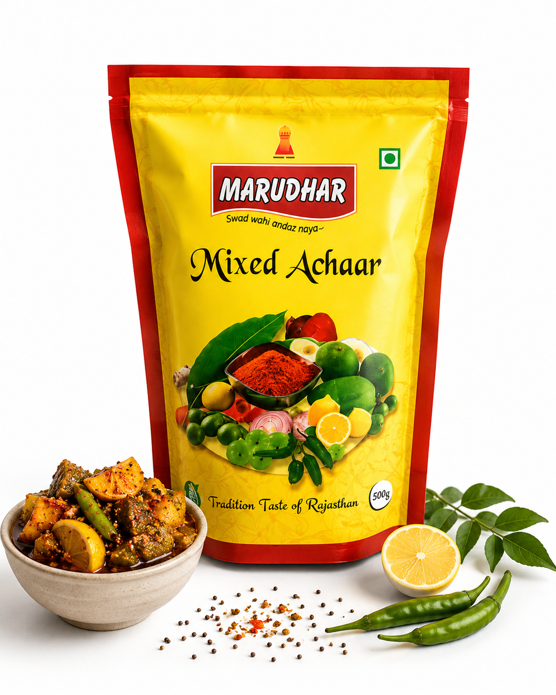 Marudhar Mixed Achaar package with a bowl of achaar, lemon, and green chilies on a white background