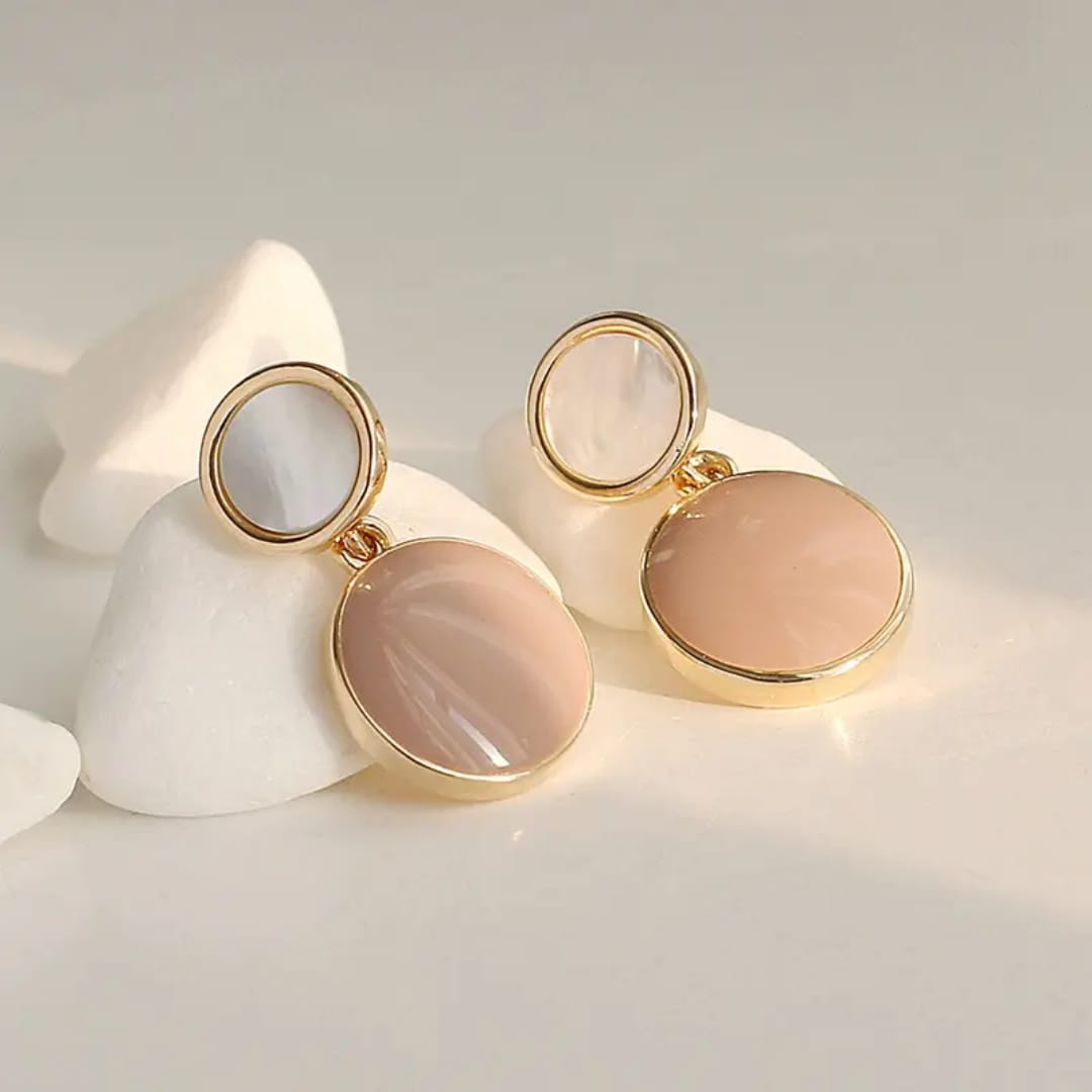 Minimalist Dual Circle Drop Earrings – Beige & White with Gold Trim