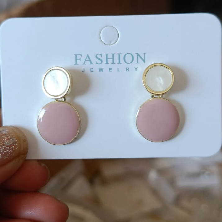 Minimalist Dual Circle Drop Earrings – Beige & White with Gold Trim