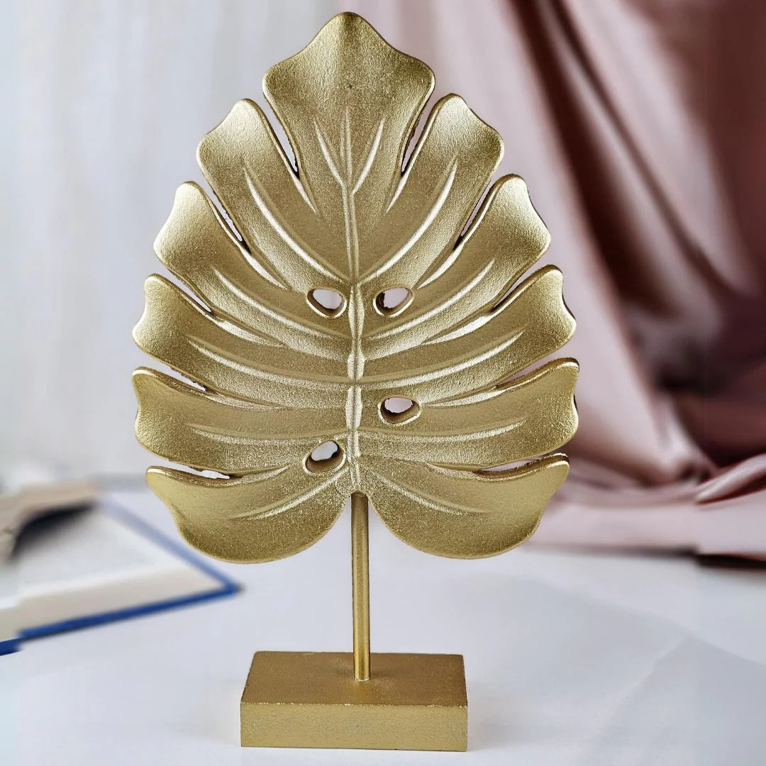 Monstera Leaf Shape Golden MDF Partical Board Showpiece – Elegant & Modern Home Decor