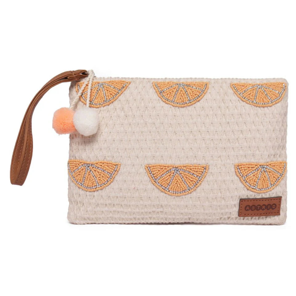 Natural Geometric Woven Makeup/Travel Pouch with Wrist Handle – Stylish & Functional On-the-Go Organizer