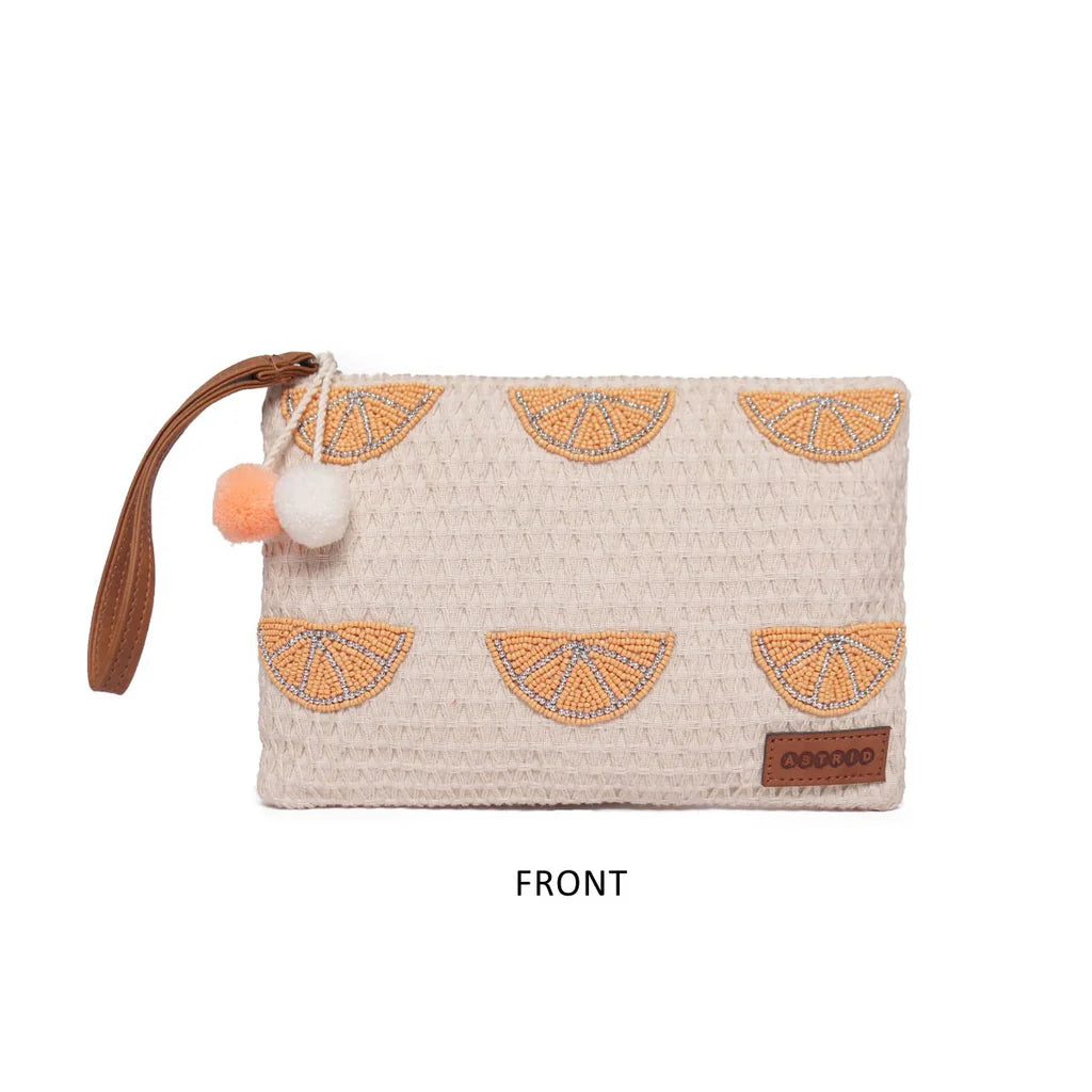 Natural Geometric Woven Makeup/Travel Pouch with Wrist Handle – Stylish & Functional On-the-Go Organizer