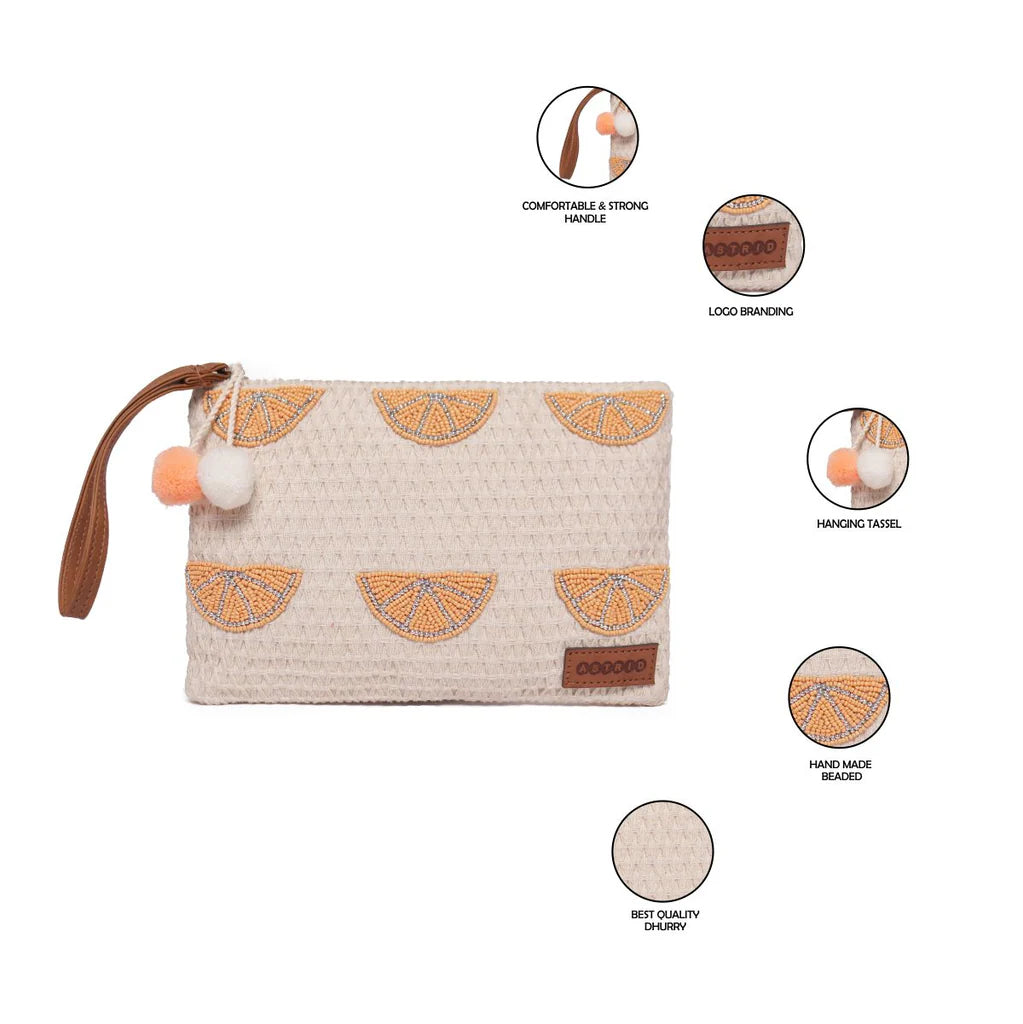 Natural Geometric Woven Makeup/Travel Pouch with Wrist Handle – Stylish & Functional On-the-Go Organizer