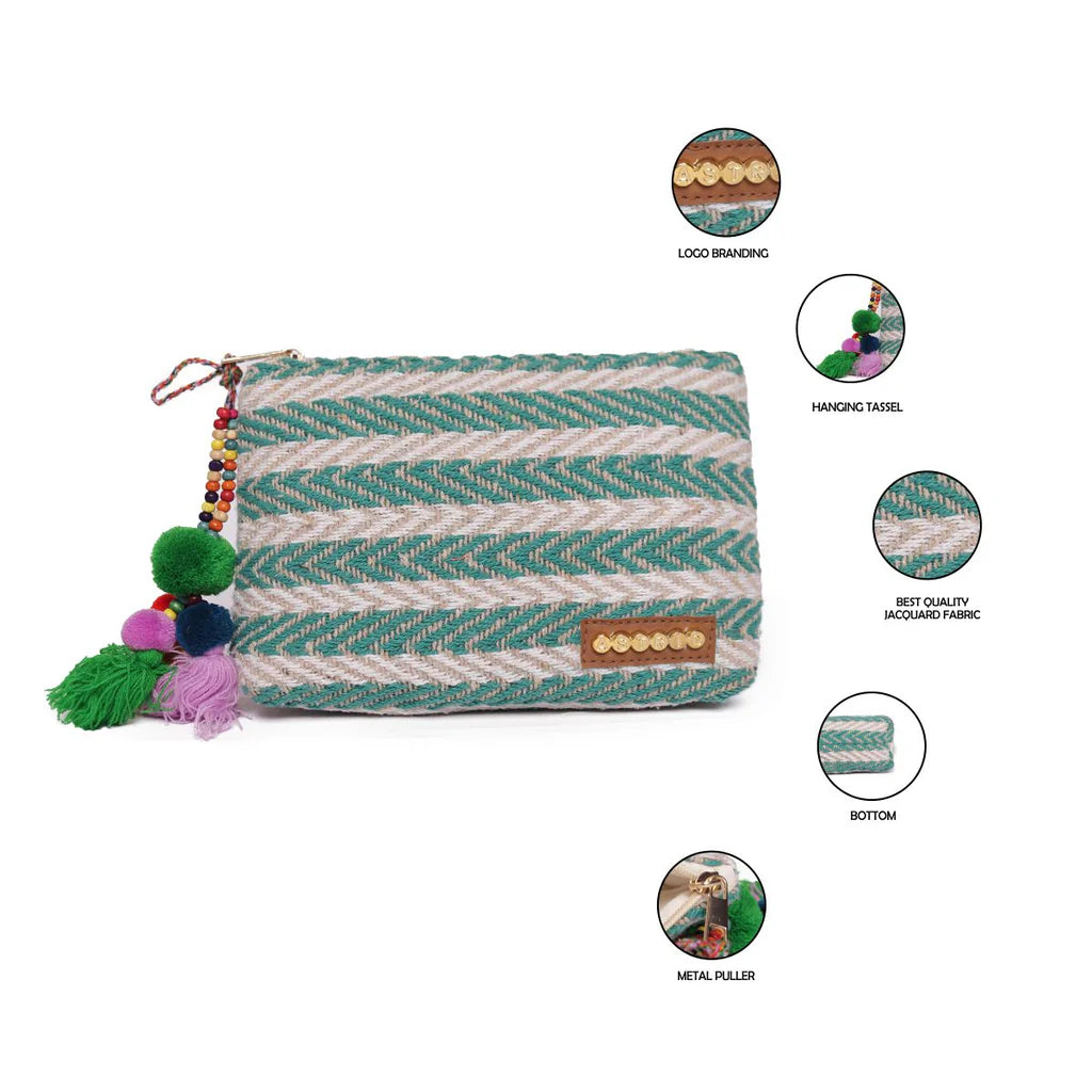 Natural/Green Striped Woven Makeup/Travel Pouch with Tassels – A Chic & Functional Organizer