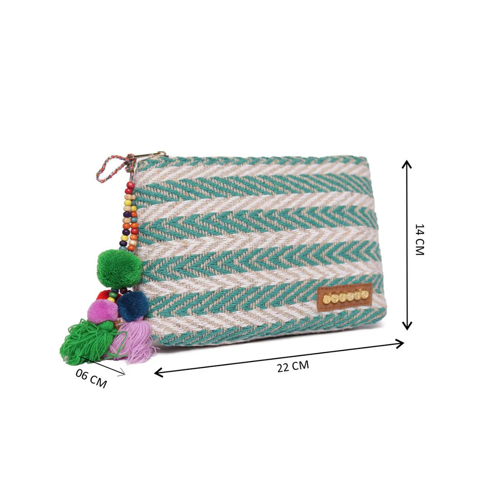 Natural/Green Striped Woven Makeup/Travel Pouch with Tassels – A Chic & Functional Organizer