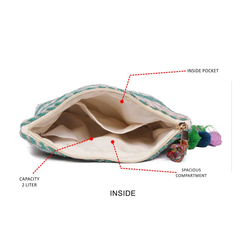Natural/Green Striped Woven Makeup/Travel Pouch with Tassels – A Chic & Functional Organizer