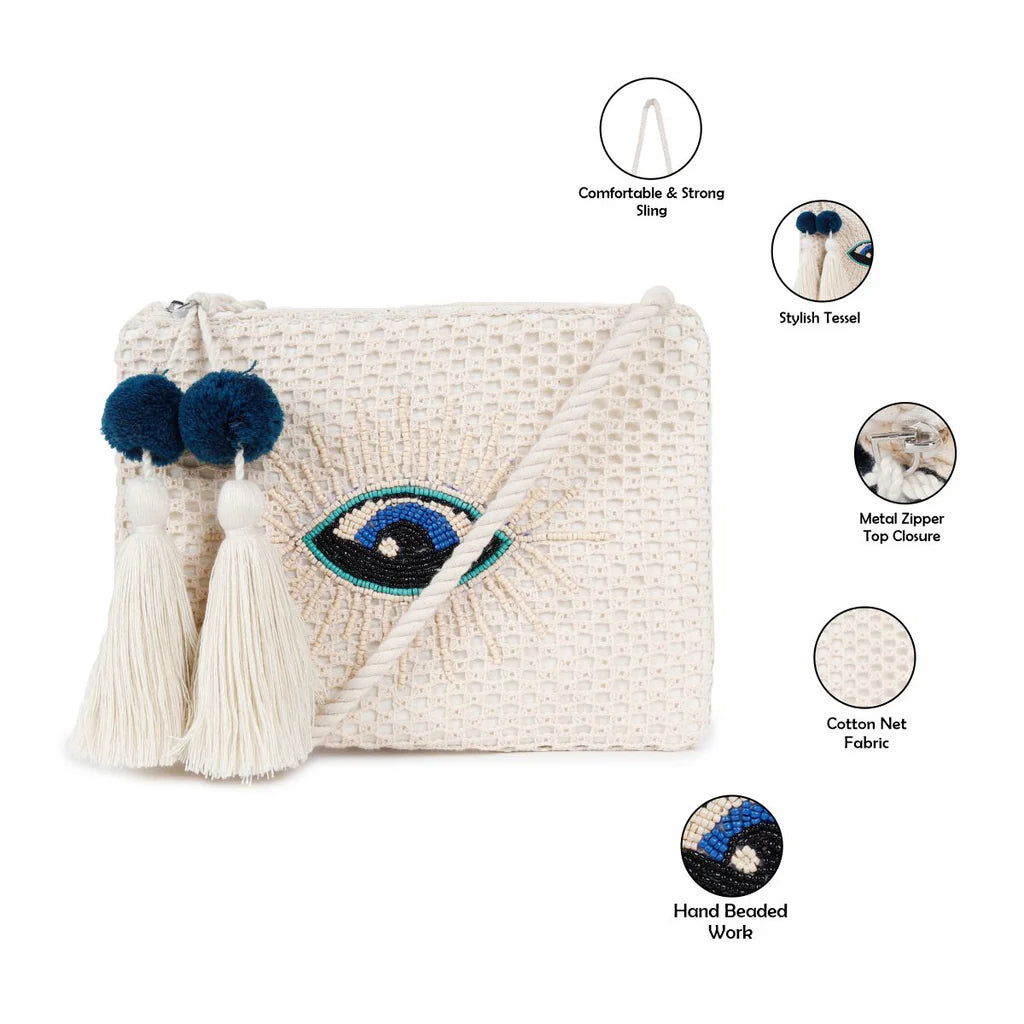 Natural Mesh Fabric Crossbody Sling Bag with Cotton Cord Long Handle – Stylish, Practical, and Eco-friendly
