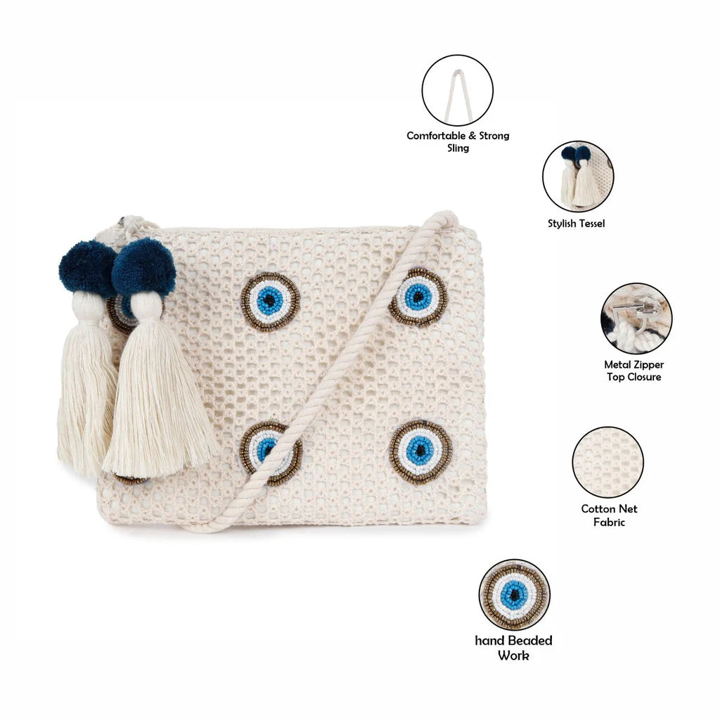 Natural Mesh Fabric Crossbody Sling Bag with Cotton Cord Long Handle – Stylish, Practical, and Eco-friendly