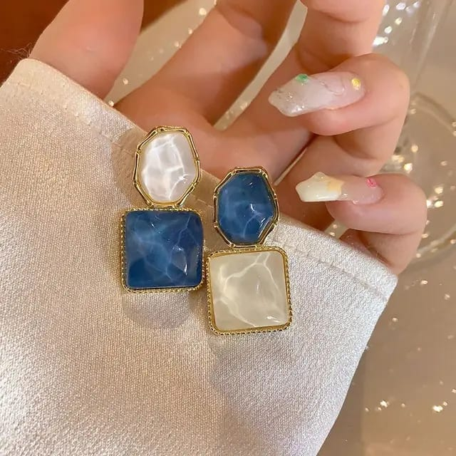 Ocean Ripple Dual-Tone Enamel Earrings – Elegant Blue & Ivory Studs with Gold Trim
