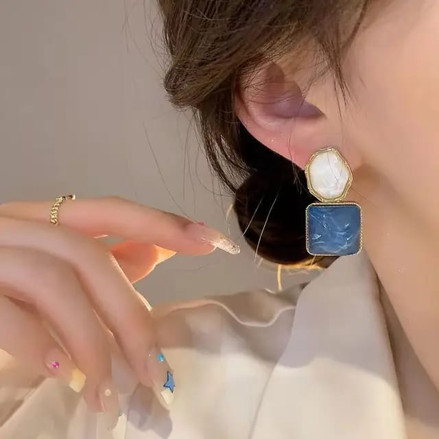 Ocean Ripple Dual-Tone Enamel Earrings – Elegant Blue & Ivory Studs with Gold Trim