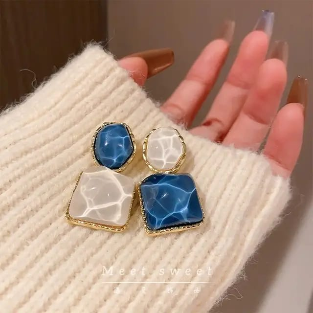 Ocean Ripple Dual-Tone Enamel Earrings – Elegant Blue & Ivory Studs with Gold Trim