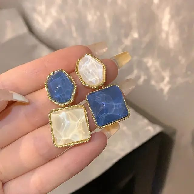 Ocean Ripple Dual-Tone Enamel Earrings – Elegant Blue & Ivory Studs with Gold Trim