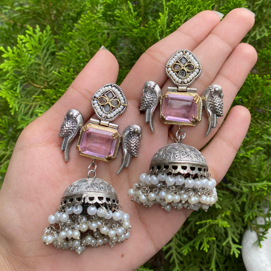 Parrot Song Pearl Jhumkas – A Melody of Color and Grace