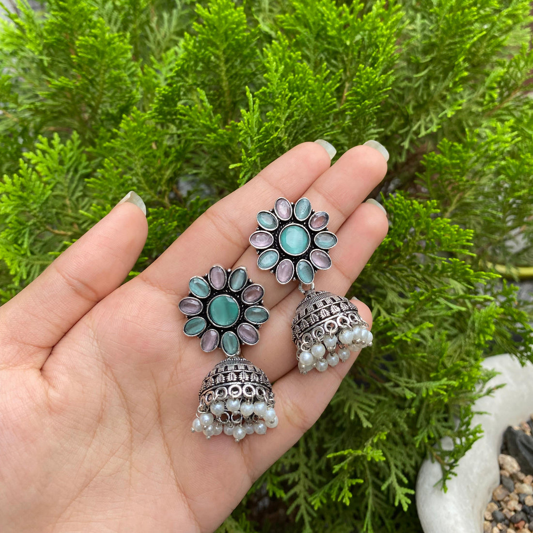 Pastel Bloom Jhumkas – A Soft Symphony of Floral Elegance