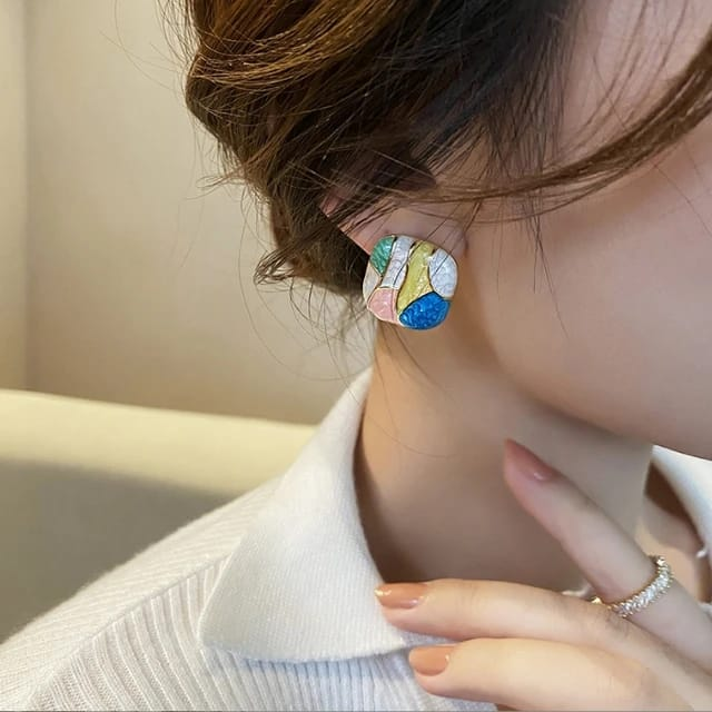 Pastel Mosaic Enamel Stud Earrings – Artistic Indian Elegance for Everyday Wear