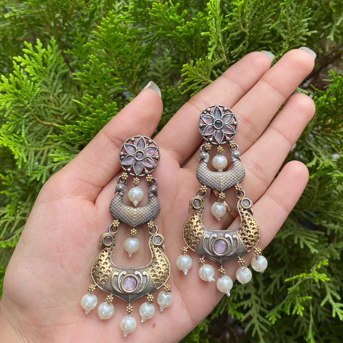 Pearl Cascade Crescent Earrings – A Tale of Silver, Gold & Timeless Grace